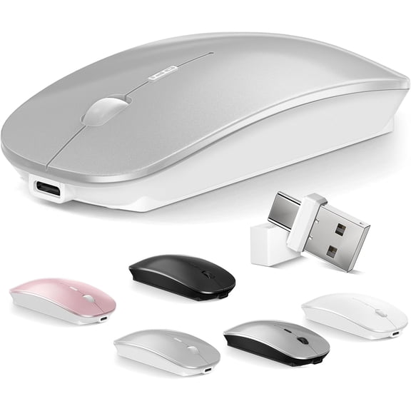 Mouse for MacBook Wireless Bluetooth Mouse Laptop MacBook Air Mac Pro Rechargeable Silent PC iPad Optical Mouse with Dual Mode Switch Bluetooth 5.2/3.0 and 2.4GHz USB Type-C Receiver Silvery