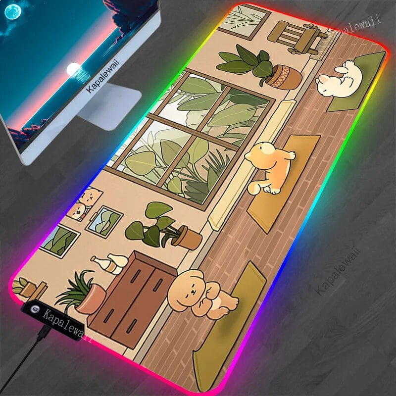 Mouse Mat Cute Cat RGB Pad Large Mousepad Kawaii Plant LED Backlit ...