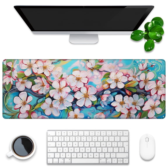 Mouse Mat,Desk Protector,Rubber Office Mat,Anti-Fray Stitched Edges,Waterproof Pad for Office & Gaming (31.5" x 11.8") - Beautiful Blue And White Pattern with Floral Ornament