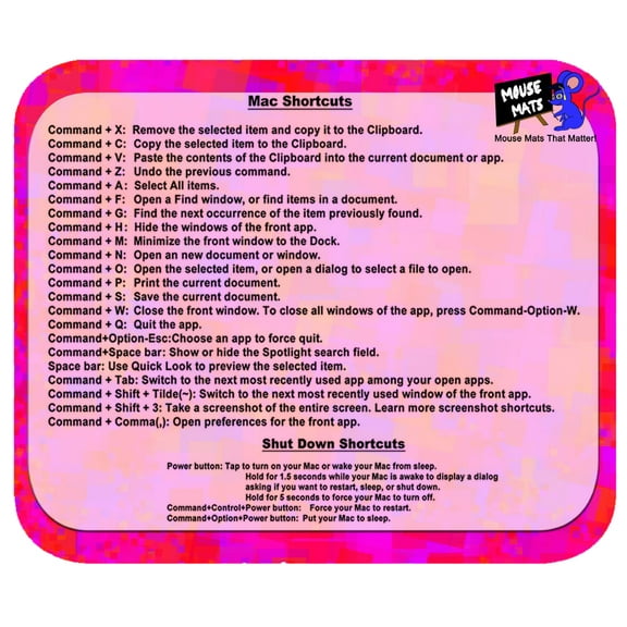 Mouse Mats Mac Keyboard Shortcut Cheat Sheet Sublimated Mouse Pad (Pink)