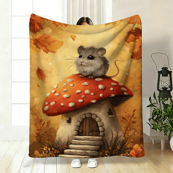 Mouse on Mushroom House Flannel Blanket, 280GSM Heavyweight Soft Warm Throw, 3 Sizes for Bed Sofa Camping, Autumn Leaves Fantasy Art Gift for Family Friends