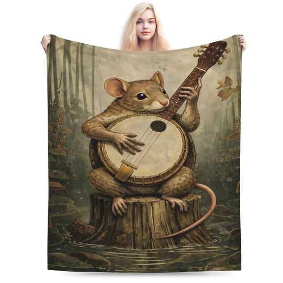 Mouse Music Art Blanket, Cozy Soft Fleece Throw Blanket with Vintage Banjo Illustration, Artistic Animal Decorative Blanket for Sofa, Bed, Couch, Home Decor Gift 50x40