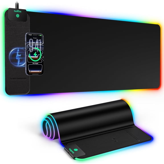 Mouse Pad with 15W Wireless Charging, RGB Gaming Mousepad, 31.5"x11.8" Large XXL Desk Mat, 16 Lighting Modes Keyboard Pad with Non-Slip Rubber Base, Waterproof Computer Mat for Gaming & Office, Black