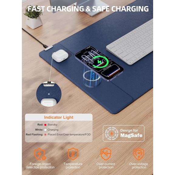 Mouse Pad with 15W Wireless Charging, XXL Large Leather Desk Mat, Waterproof Gaming Mousepad Home Office Desk Pad Protector, Computer Keyboard Pad, Mouse Mat for MacBook, PC, Laptop, Blue