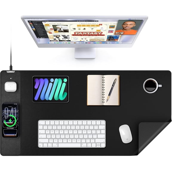 Mouse Pad with 15W Wireless Charging, XXL Large Leather Desk Mat, Waterproof Gaming Mousepad Home Office Desk Pad Protector, Computer Keyboard Pad, Mouse Mat for MacBook, PC, Laptop, Black