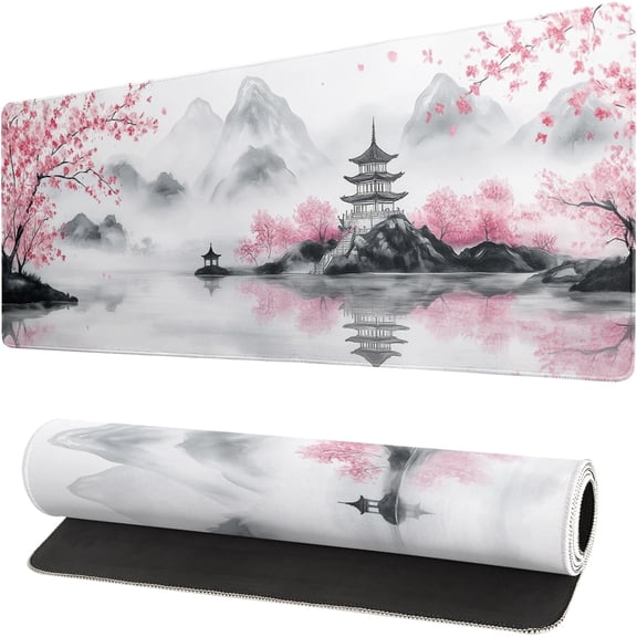 Mouse Pad 31.5x11.8 Inch White Full Desk Japanese Mousepad Extended Large Non-Slip Rubber Base Waterproof Big Keyboard Mat with Stitched Edges for Gaming and Office