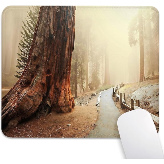 Mouse Pad 9.5"x 7.9" Ancient Giant Sequoia Tree in Misty Redwood Forest Landscape Hiking Trail, Durable Anti-Slip Reinforced Stitched Desk Mat