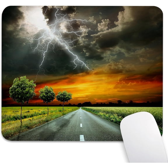Mouse Pad 9.5"x 7.9" Dramatic Lightning Storm Over Country Road Thunderstorm Sunset Rural Highway Landscape, Durable Anti-Slip Reinforced Stitched Desk Mat