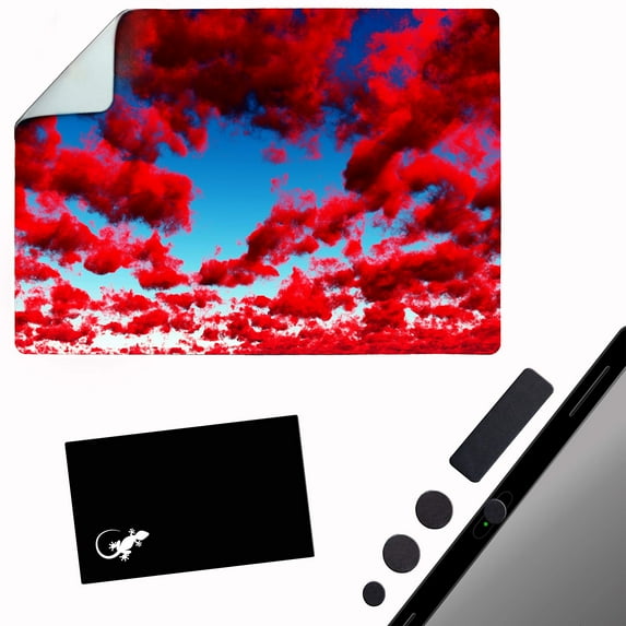 Mouse Pad Adhesive Bottom - Sticks to Any Surface - Portable - Webcam Covers and Screen Cleaner Included (RED Clouds)
