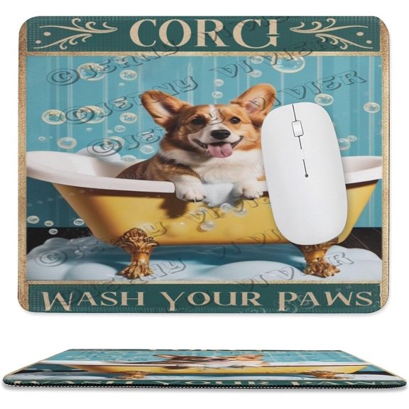 Mouse Pad, Anti-Slip Rubber Mousepad with Stitched Edges for Gaming Office Laptop Computer, Cute Pattern Mouse Mat Corgi Wash Your Paws Design 10"x12"
