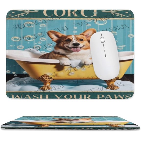 Mouse Pad, Anti-Slip Rubber Mousepad with Stitched Edges for Gaming Office Laptop Computer, Cute Pattern Mouse Mat Corgi Wash Your Paws Design 8"x10"