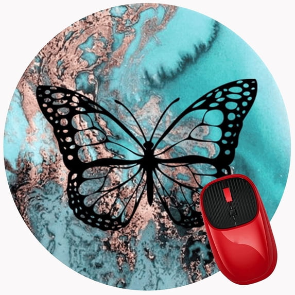 Mouse Pad Black Butterfly Teal Rose Gold Marble, Premium-Textured Mouse Mat with Non-Slip Rubber Base, Cute Round Mousepad for Laptop Computer Office Desk Accessories,7.9 inch