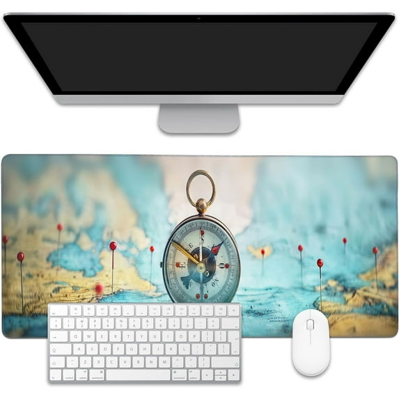 Mouse Pad,Compass on World Map Desk Mat for Desktop,Desk Pad with Non-Slip Base and Stitched Edge,Extended Mousepad for Office and Home 35.4X15.7 Inch