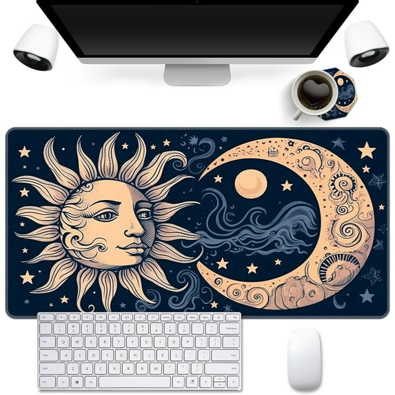 Mouse Pad,Desk Mat,Computer Mouse Pad + Cute Coasters,31.5"x15.7" with Non-Slip Black Rubber Base Mouse Pad,for Mouse Pads for Laptop,Gaming Office & Home,Washable Mousepad,Sun and Blue Moon