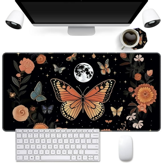 Mouse Pad,Desk Mat,Computer Mouse Pad + Cute Coasters,35.4"x15.7" with Non-Slip Black Rubber Base Mouse Pad,for Mouse Pads for Laptop,Gaming Office & Home,Washable Mousepad,Butterfly and Moon