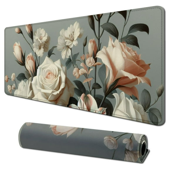 Mouse Pad, Ergonomic Mouse Pad with Gel Wrist Rest Support, Mousepad with Lycra Cloth, Non-Slip PU Base for Gaming Computer, Laptop, Home, Office & Travel, White Rose