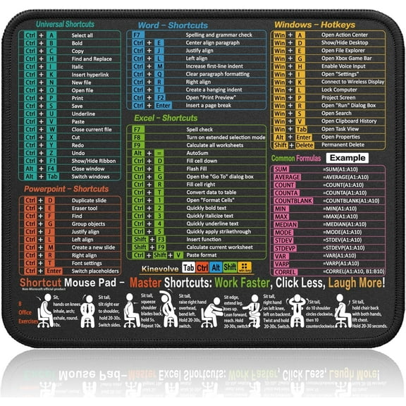Mouse Pad for Excel/Word/PowerPoint/Windows Shortcuts  Small Excel Cheat Sheet Desk Pad  11.8"x9.8" Portable Computer Mousepad  Gaming Office Waterproof Non-Slip Stitched Edges