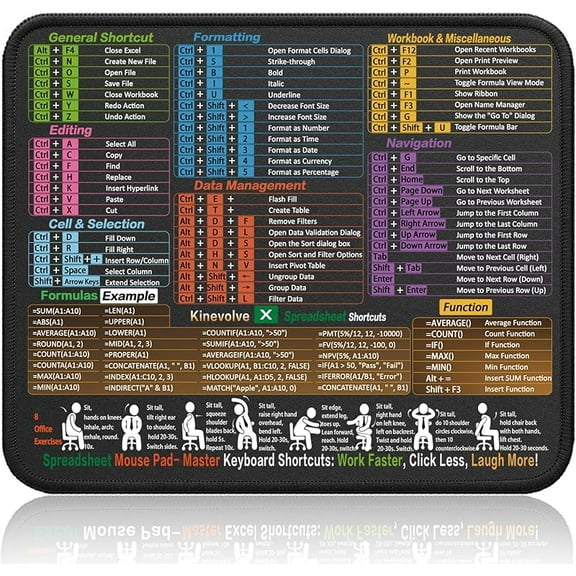 Mouse Pad for Excel/Word/PowerPoint/Windows Shortcuts – Small Excel Cheat Sheet Desk Pad – 11.8"x9.8" Portable Computer Mousepad – Gaming, Office, Waterproof, Non-Slip, Stitched Edges