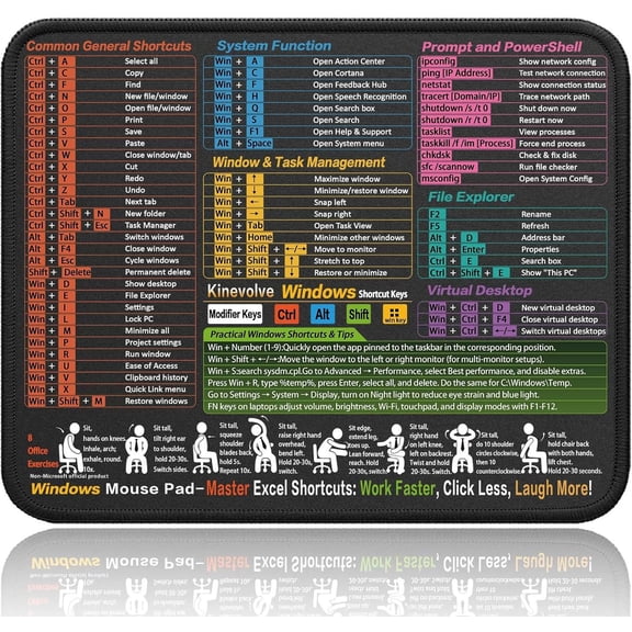 Mouse Pad for Excel/Word/PowerPoint/Windows Shortcuts – Small Excel Cheat Sheet Desk Pad – 11.8"x9.8" Portable Computer Mousepad – Gaming, Office, Waterproof, Non-Slip, Stitched Edges