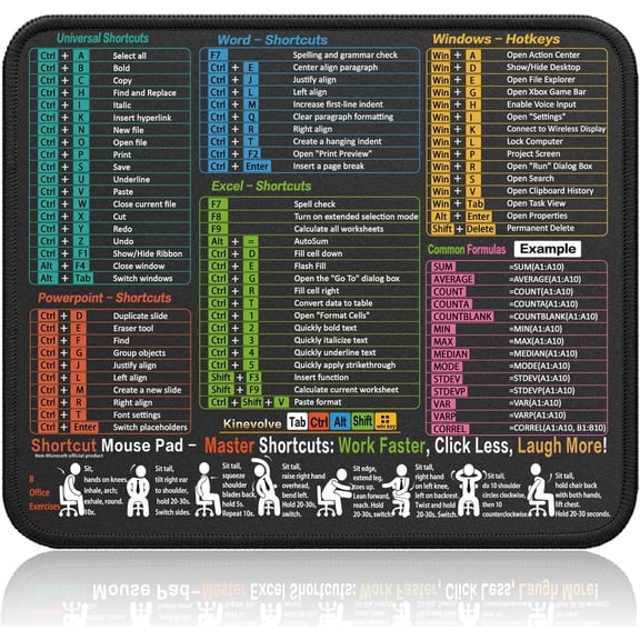 Mouse Pad for Excel/Word/PowerPoint/Windows Shortcuts – Small Excel Cheat Sheet Desk Pad – 11.8"x9.8" Portable Computer Mousepad – Gaming, Office, Waterproof, Non-Slip, Stitched Edges