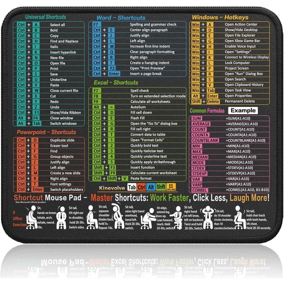 Mouse Pad for Excel/Word/PowerPoint/Windows Shortcuts – Small Excel Cheat Sheet Desk Pad – 11.8"x9.8" Portable Computer Mousepad – Gaming, Office, Waterproof, Non-Slip, Stitched Edges
