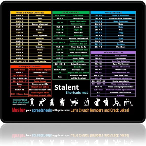 Mouse Pad for Excel/Word/PowerPoint/Windows Shortcuts | Small Excel Cheat Sheet Desk Pad 11.8"x9.8", Portable Computer Mousepad, Waterproof, Non-Slip, Stitched Edges