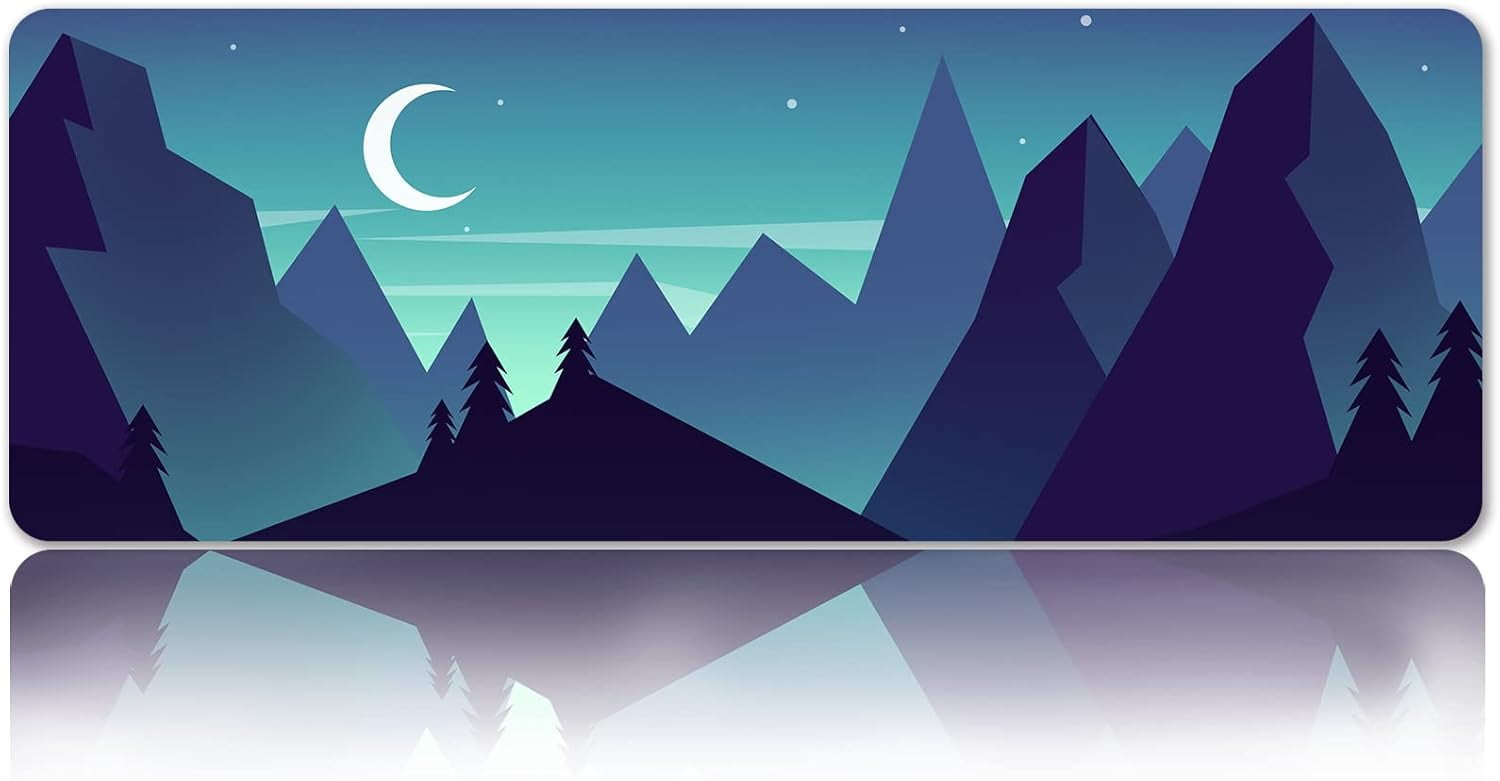 Mouse Pad Forest Mountain Large Mousepad Office Decoration Desk Mat, Moon Stars Blue Waterproof Mousepad for Desktop Wireless Mice, Non-Slip Rubber Base Mouse Mat, 31.5x11.8 Inch BDZXSE009
