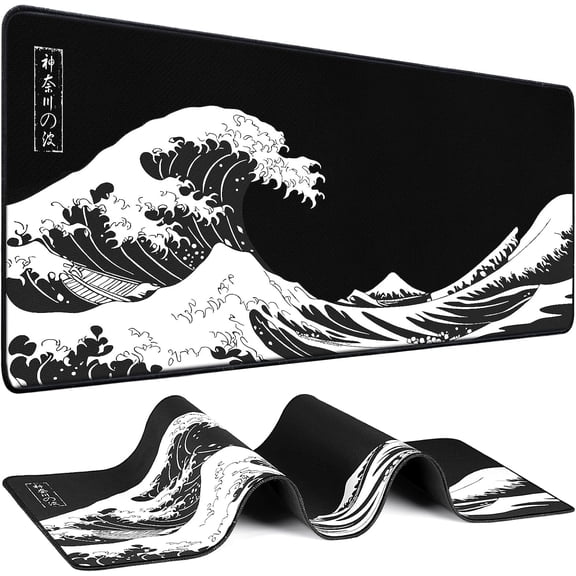 Mouse Pad Gaming - Desk Mat for Keyboard and Kanagawa Large Desk, Japanese Sea Wave Mousepad (31.5 x 11.8inch) with Non-Slip Base, Desks Game, Office Home