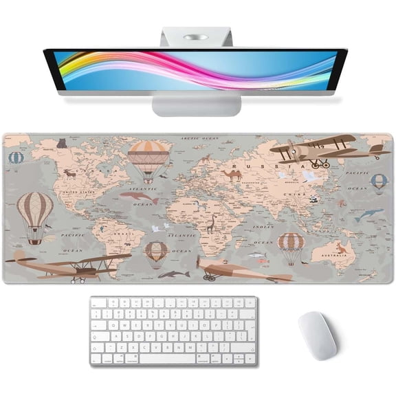 Mouse Pad Gaming, Large Mouse Pads, Non-Slip Rubber Base Mousepad, Keyboard Mouse Mat Desk Pad with Stitched Edges, 31.5x11.8 inch Retro World Map with Balloons and Animals