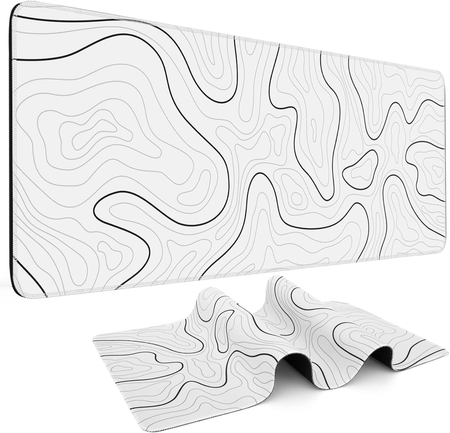 Mouse Pad Gaming Mousepad 31.5 x 11.8in Large Mouse Pad for Keyboard and Mouse with Anti-Slip Rubber Base, Keyboard Pad XL Mouse Mat for Home and Office（Black with White Topographic Line）