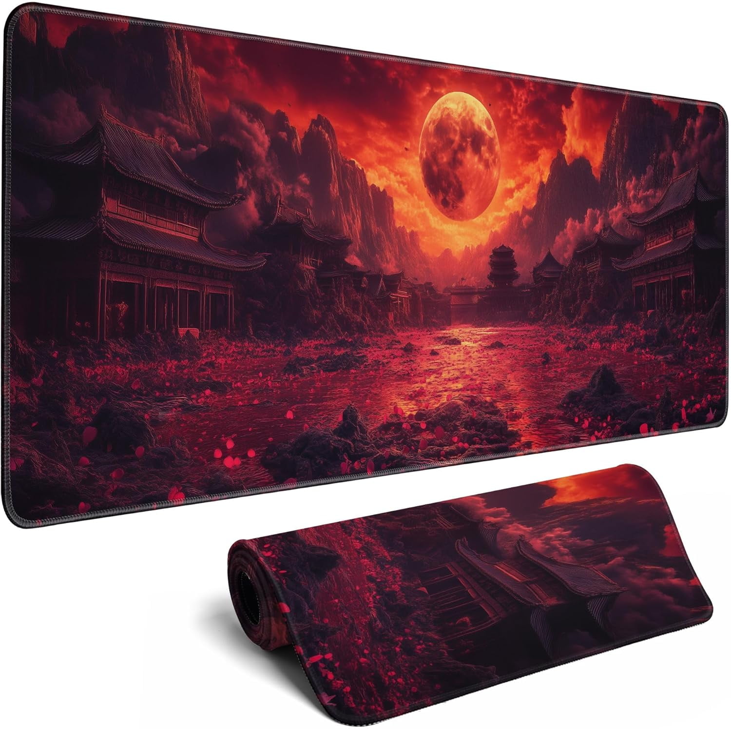 Mouse Pad Gaming Red Moon Desk Pad Mat Extra Large Mousepad (31.5x11.8 in), Home Office Decor Stitched Edges Smooth Surface Non-Slip Bottom