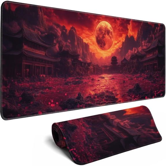 Mouse Pad Gaming Red Moon Desk Pad Mat Extra Large Mousepad (31.5x11.8 in), Home Office Decor Stitched Edges Smooth Surface Non-Slip Bottom