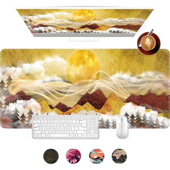 Mouse Pad, Golden Sun Mountain Groovy Forest Large Gaming Mouse Pad for Desk, Big Desk Mat with Seamed Edges, Waterproof Desk Pad, Non-Slip Rubber Base, Long Computer Mousepad, 31.5 x 11.8 Inch