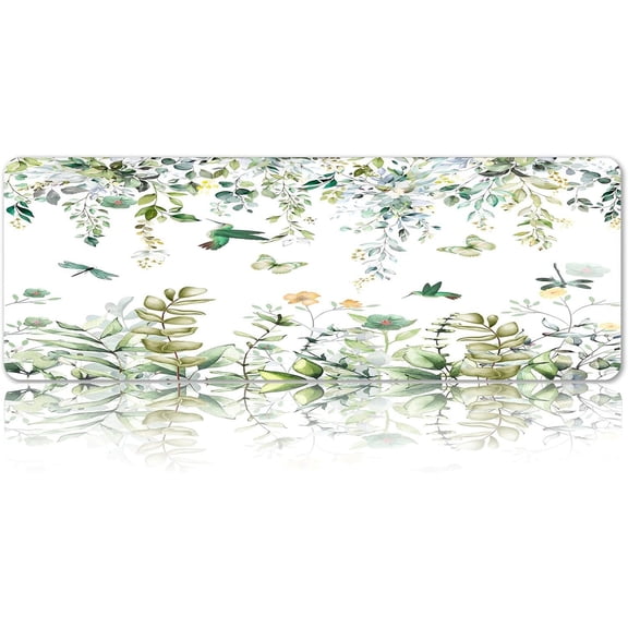 Mouse Pad Green Floral Gaming Large Mousepads Eucalyptus Leaves Hummingbird Desk Mat XL Non-Slip Rubber Office Home Watercolor Floral Butterfly Flowers Keyboard Mat Desk Accessories 31.5 x 11.8 Inch