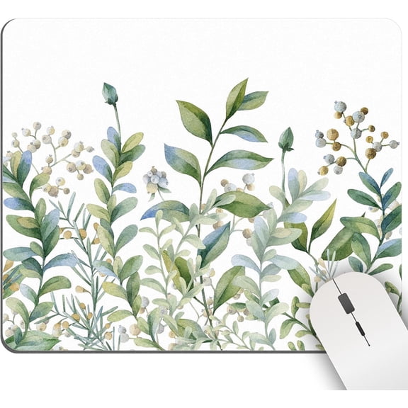 Mouse Pad Green Plant, Mousepads Square for Desk Cute Watercolor Botanical Leaf Desk Pad Aesthetic Mouse Mat Washable White Personalized Computer Wireless Mouse Pad with Lycra Cloth Office Home