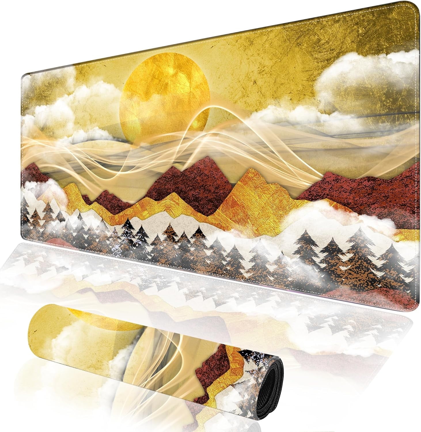 Mouse Pad, Groovy Forest Large Gaming Mouse Pad for Desk, Golden Sun Mountain Big Desk Mat with Seamed Edges, Waterproof Desk Pad, Non-Slip Rubber Base, Long Computer Mousepad, 31.5 x 15.7 Inch