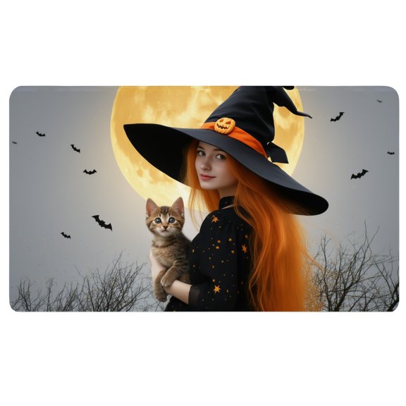 Mouse Pad Halloween,A woman in a witch hat holding a cat,Non Slip Desk Pad,Long Gaming Mouse Pad,Mousepad for Desk