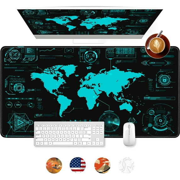 Mouse Pad, Hologram World Map Interface Cyber Future Large Gaming Mouse Pad for Desk, Desk Mat with Seamed Edges, Waterproof, Non-Slip Rubber Base, Computer Mousepad, 31.5 x 15.7 Inch