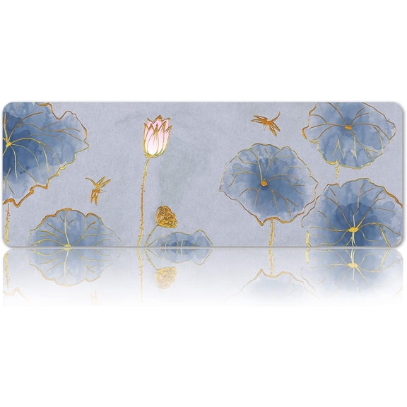 Mouse Pad Lotus Flower, Gold Leaf Lines Office Desk Pad, Non-Slip Rubber Mousepad Protector, Laptop Computer Gaming Desk Mat XL, Waterproof Mouse Mat for Home, Gray Blue 31.5'''' x 11.8'''' BDZXSE055
