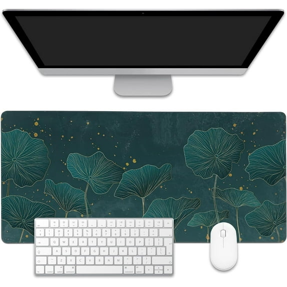 Mouse Pad,Lotus Leaves in Gold Line Desk Mat for Desktop,Desk Pad with Non-Slip Base and Stitched Edge,Extended Mousepad for Office and Home 35.4X15.7 Inch
