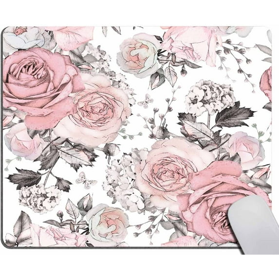 Mouse Pad, Pink Grey Flowers and Grey Leaves on Watercolor Floral Pattern Rose Mouse Pad, Mouse Mat Square Mouse Pad Non Slip Rubber Base MousePads for Office Laptop, 9.5"x7.9"x0.12" Inch