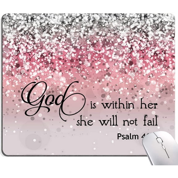 Mouse Pad, Psalm 46:5 God is Within Her, She Will not Fall - Bible Verse Pink Glitter Pattern Mouse Pad for Women, Square Waterproof Non-Slip Rubber Base Mousepad for Office Laptop