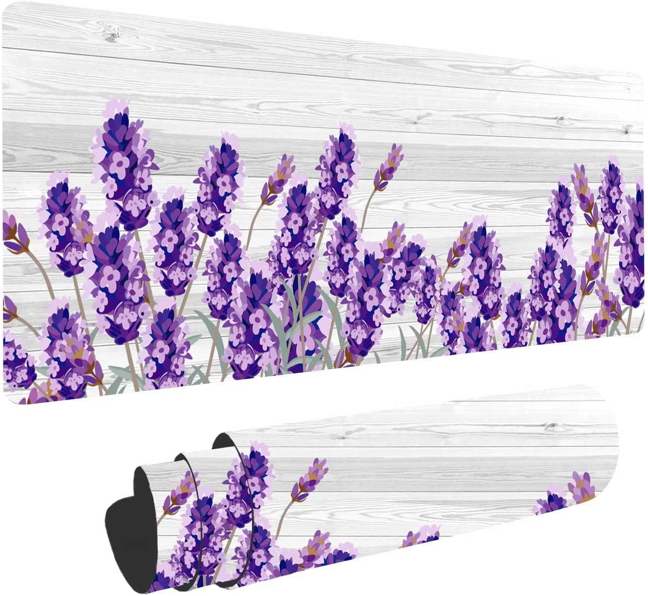 Mouse Pad Purple Floral Design Large Computer Mousepad for Office Desk, White Wood Pattern Gaming Mouse Mat Non-Slip Nature Rubber Desk Decor Long Pad for Wireless Mouse Laptop 31.5x11.8 Inch BDZZSE10