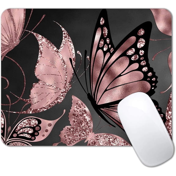 Mouse Pad, Rose Gold Butterfly Mouse Pad, Non-Slip Rubber Base Mousepad, Mouse Mat Desk Pad for Work, Game, Office, 9.5 x 7.9 Inch - Beautiful Modern Glitter Foil Design