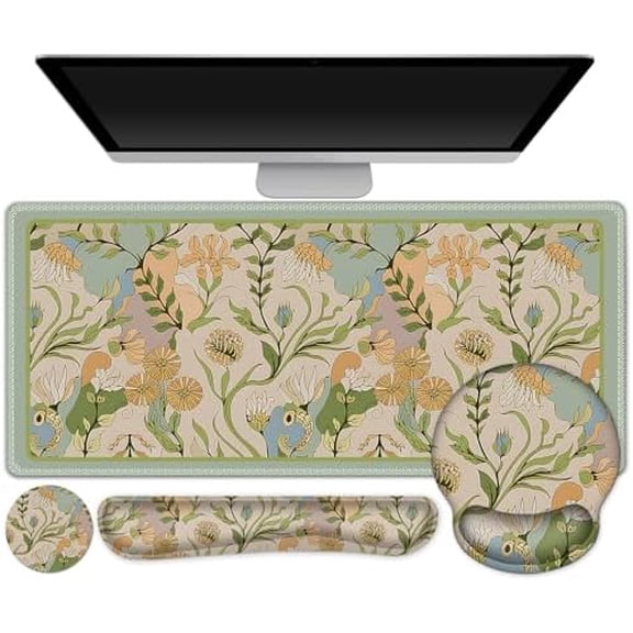Mouse Pad Set Large Desk Mat, Ergonomic Mouse Pad with Wrist Rest, Gaming Mouse Pad Wrist Support Keyboard Mat Combo Office Desk Decor Accessories, Abstract Flower Plants