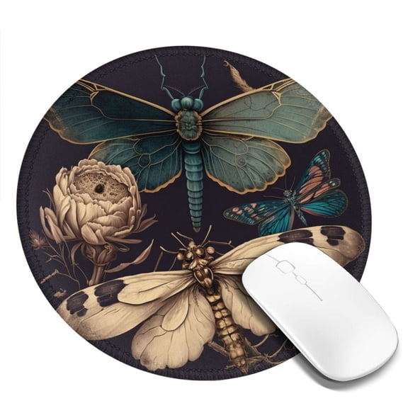 Mouse Pad Small Round Mousepad Non-Slip Rubber Base for Office Desk Laptop Gaming - Dragonfly Moth Vintage Butterfly