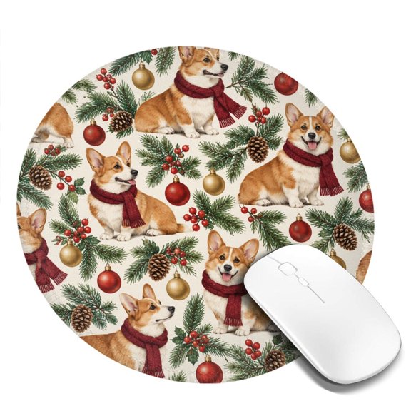 Mouse Pad Small Round Mousepad Non-Slip Rubber Base for Office Desk Laptop Gaming - Festive Corgi Christmas Pattern