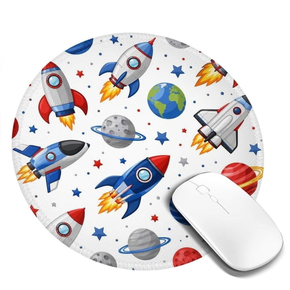 Mouse Pad Small Round Mousepad Non-Slip Rubber Base for Office Desk Laptop Gaming - Outer Space Rocket Pattern