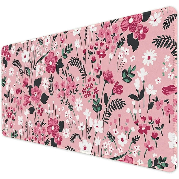 Mouse Pad with Stitched Edge Premium Textured Smooth Precise Operation Washable Non-Slip Rubber Base Desktop Protection Desk Mat, 35.4 x 15.7 inches, Pink Floral
