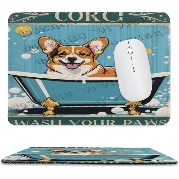 Mouse Pad with Stitched Edgs, Soft Cute Computer Mouse Mat with Non-Slip Rubber Base, Easy to Slide, Splash Resistant Surface, Portable, Corgi Wash Your Paws 8"x10"